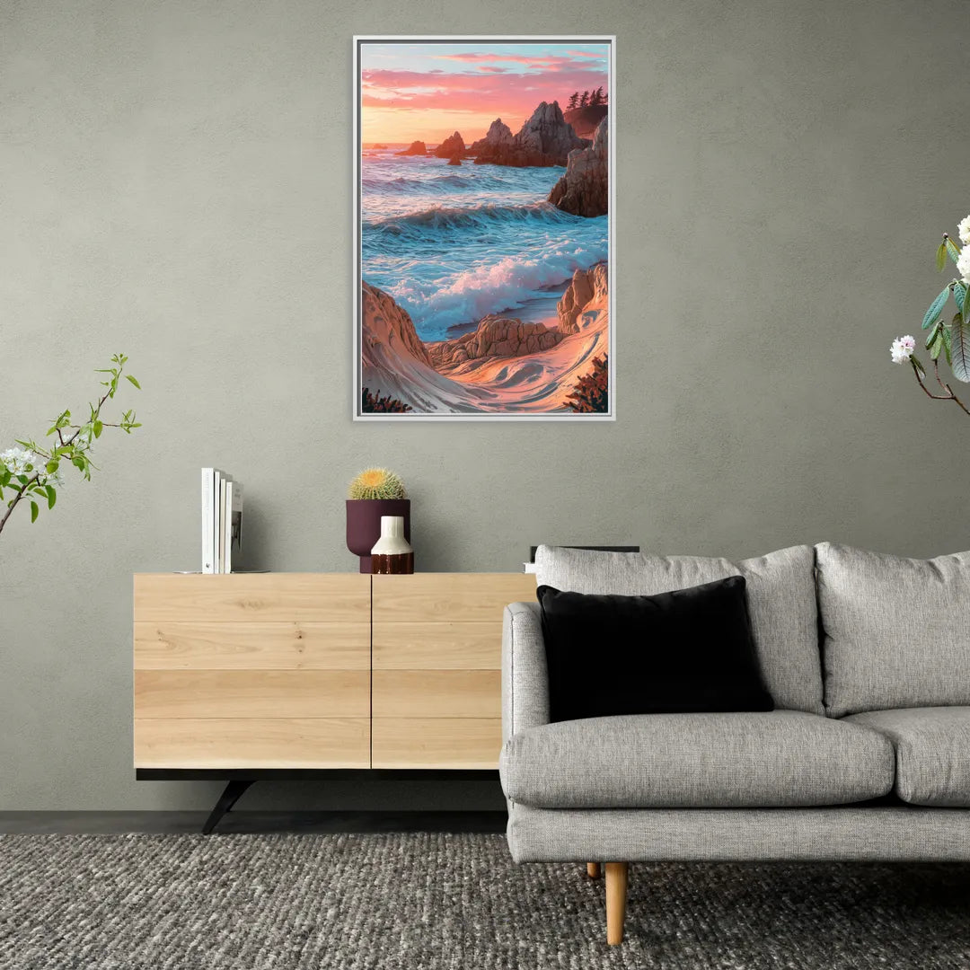 Bandon Beach Waves - Living Room White Frame Canvas