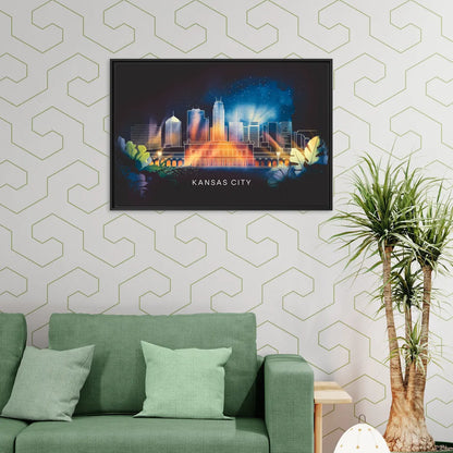 Kansas City Vibrant Downtown - Living Room Black Frame Canvas