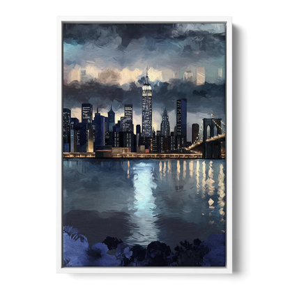 New York City Skyline in Blue Tones Hudson - White Frame Canvas