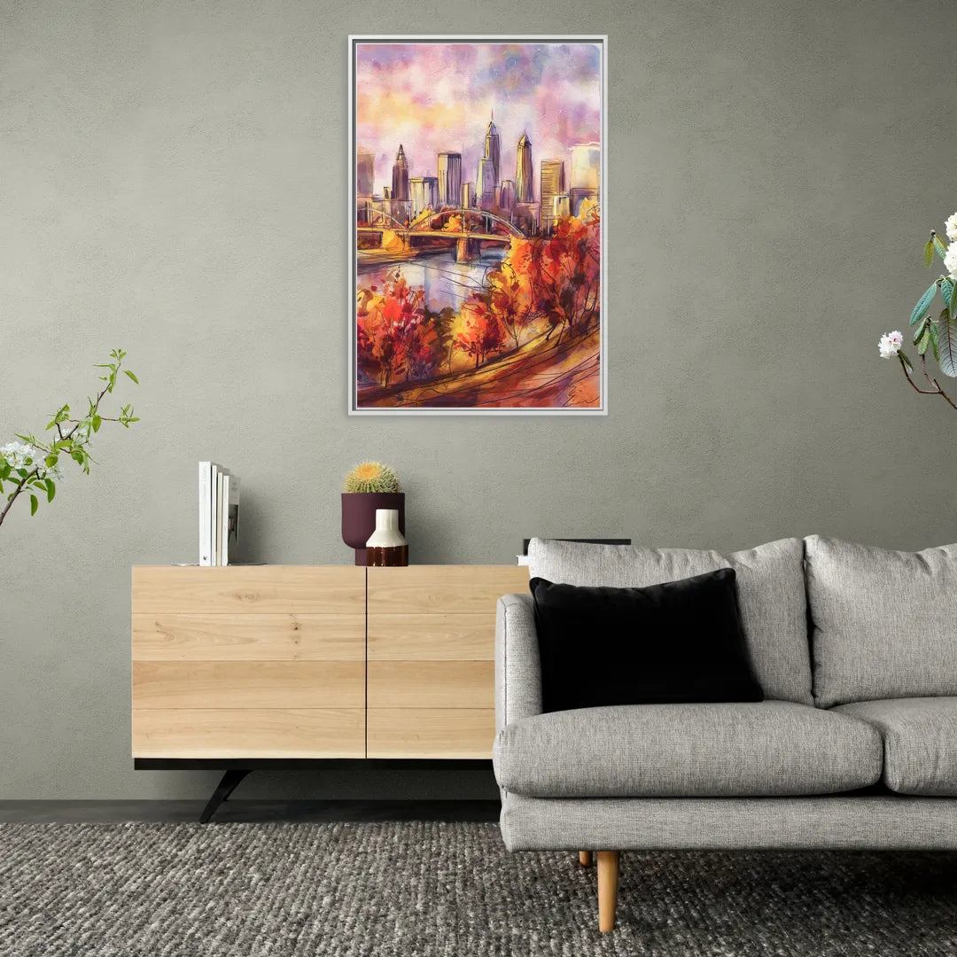 Cleveland Skyline in Autumn - Living Room White Frame Canvas
