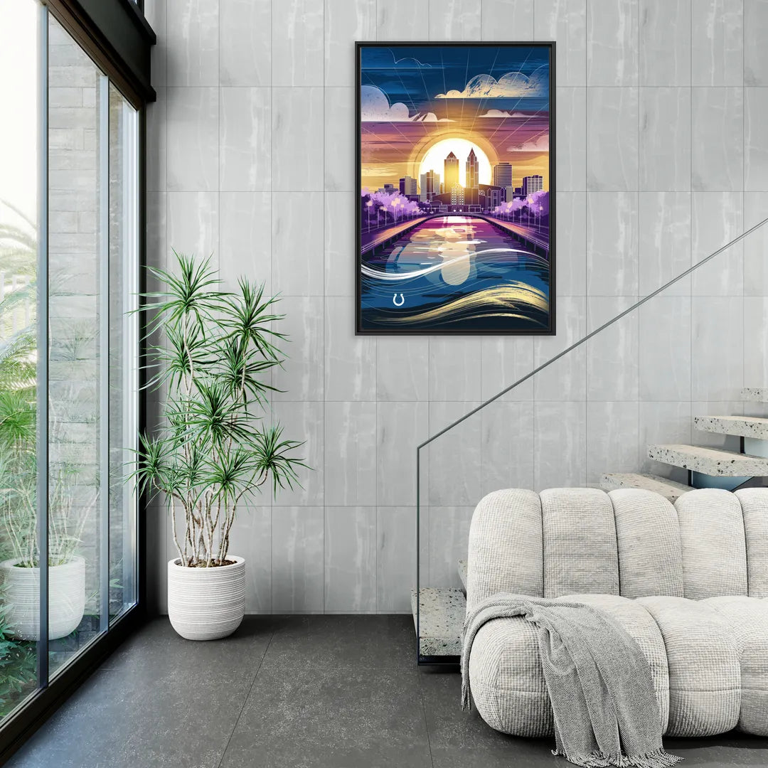 Indianapolis Skyline with Colts Theme - Living Room Black Frame Canvas