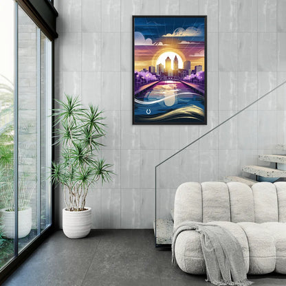 Indianapolis Skyline with Colts Theme - Living Room Black Frame Canvas