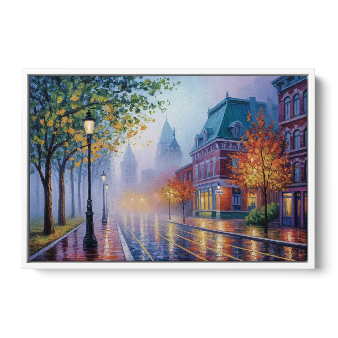 Quebec City Foggy Morning - White Frame Canvas