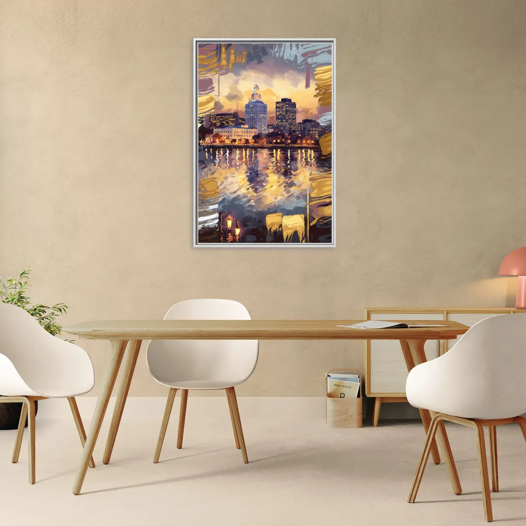 Providence Cityscape Reflection - Living Room White Frame Canvas