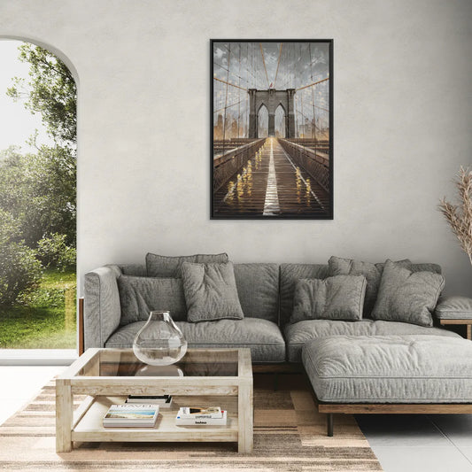 New York City Brooklyn Bridge View - Living Room Black Frame Canvas