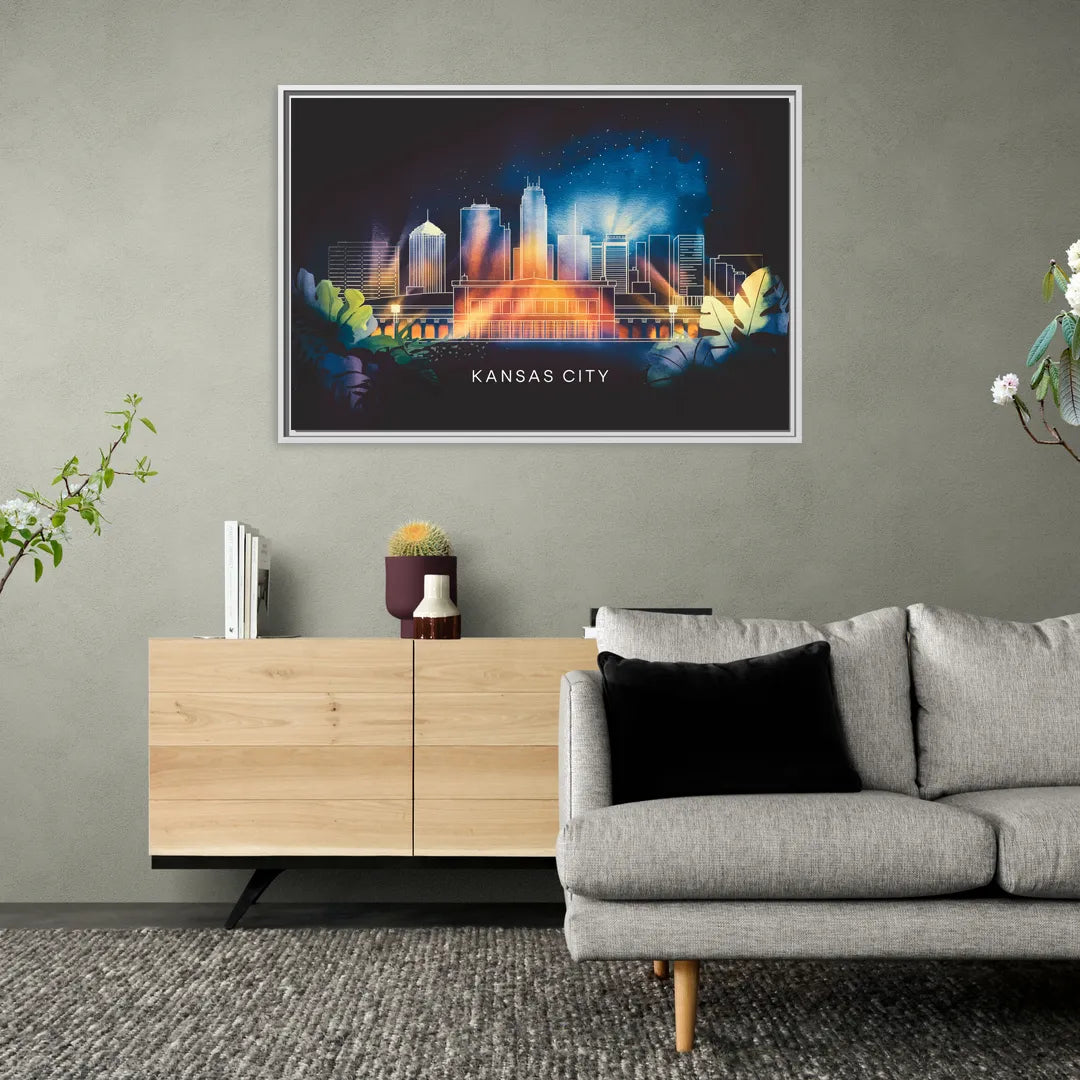 Kansas City Vibrant Downtown - Living Room White Frame Canvas