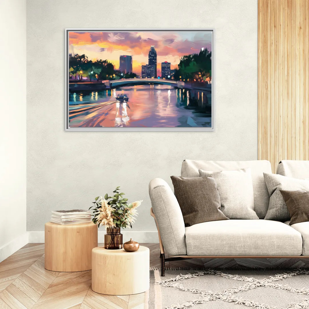 Tampa Riverwalk Evening Glow - Living Room White Frame Canvas