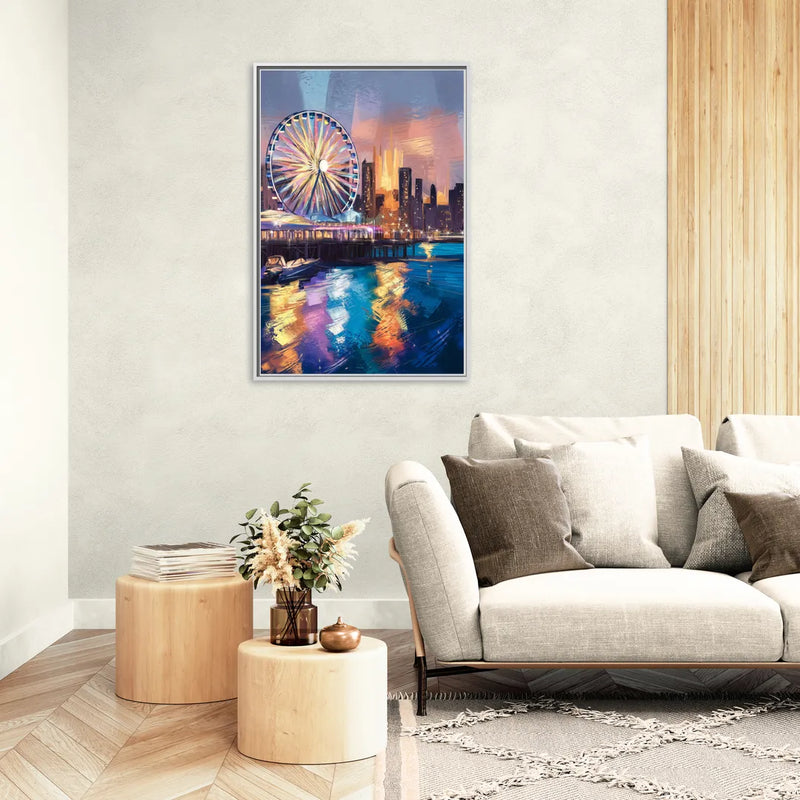 Chicago Navy Pier View - Living Room White Frame Canvas