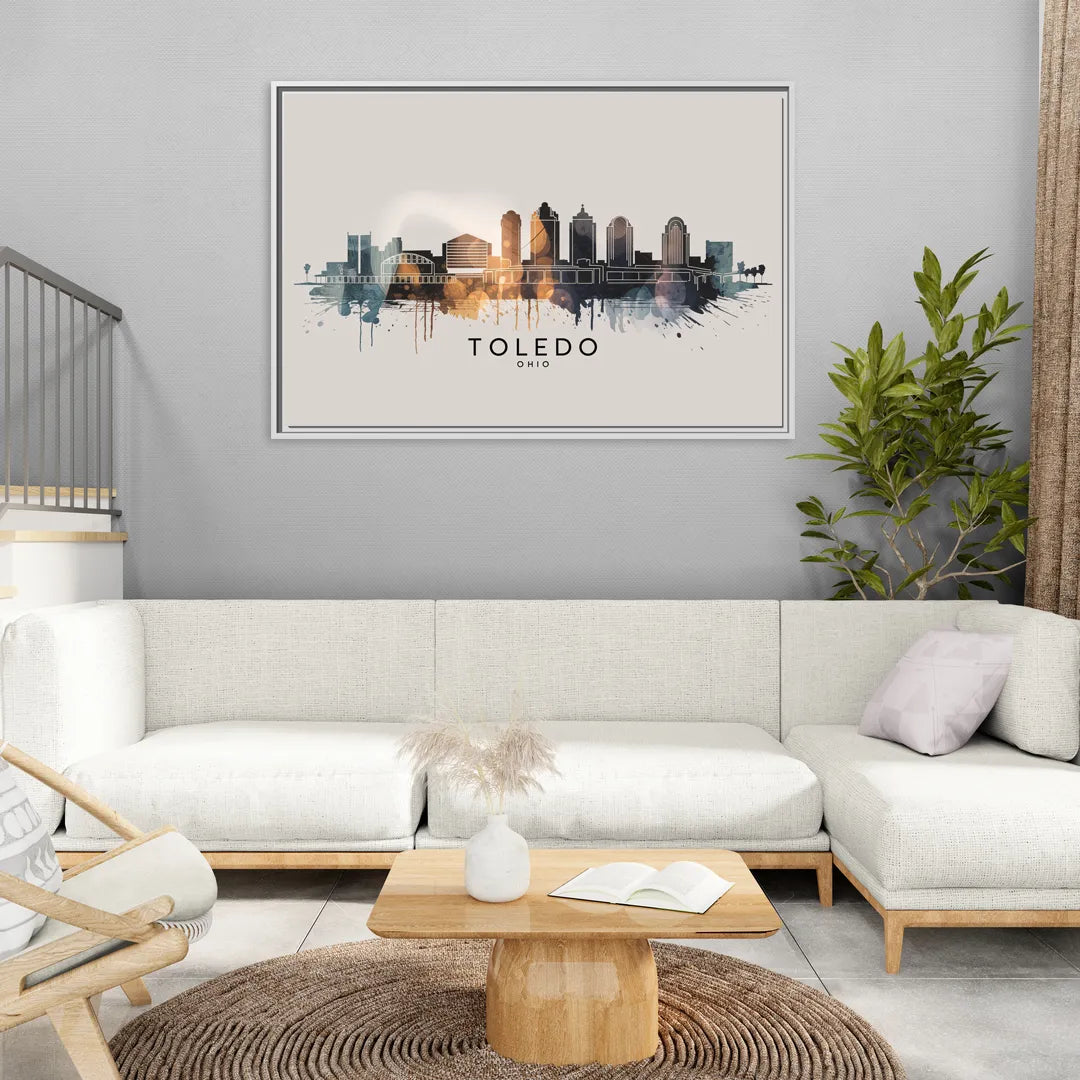 Toledo Skyline Panorama - Living Room White Frame Canvas