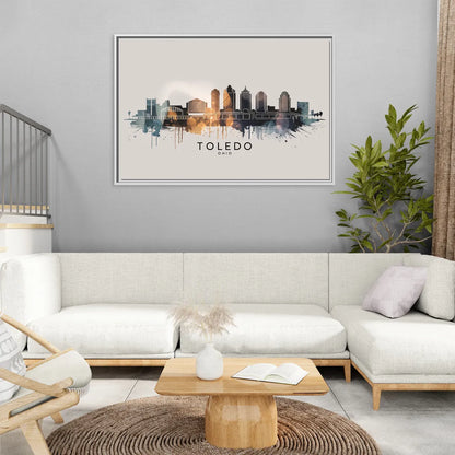 Toledo Skyline Panorama - Living Room White Frame Canvas
