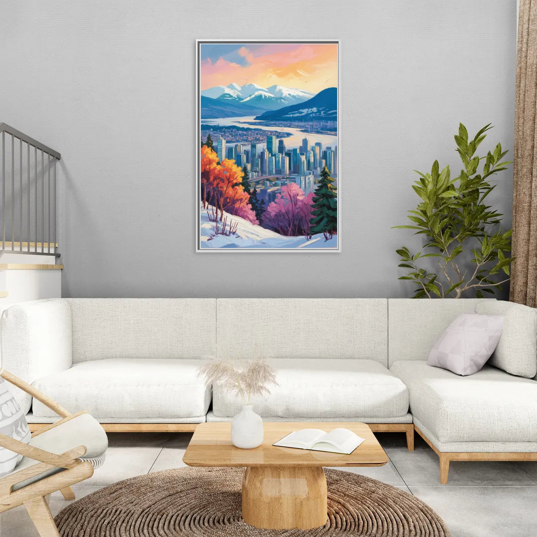 Vancouver Snowy Mountains - Living Room White Frame Canvas