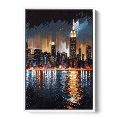 New York City Skyline by Nightfall Hudson - White Frame Canvas