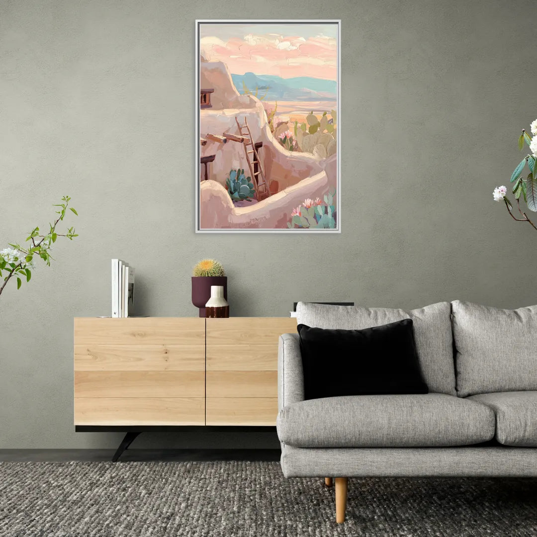 Santa Fe Adobe Architecture - Living Room White Frame Canvas