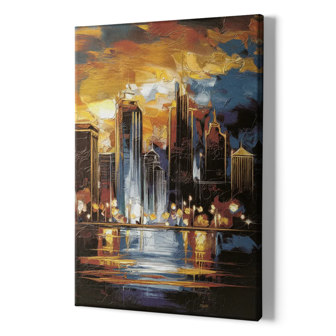 Kansas City Downtown By Night Panorama - Canvas Print Art Sides