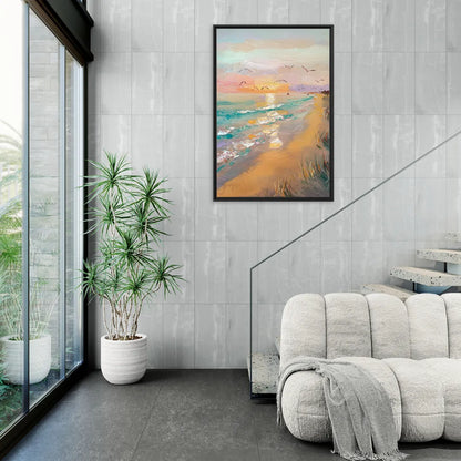 Galveston Beach Sunrise - Living Room Black Frame Canvas