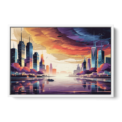 Garland Cityscape Sunset Horizon - White Frame Canvas