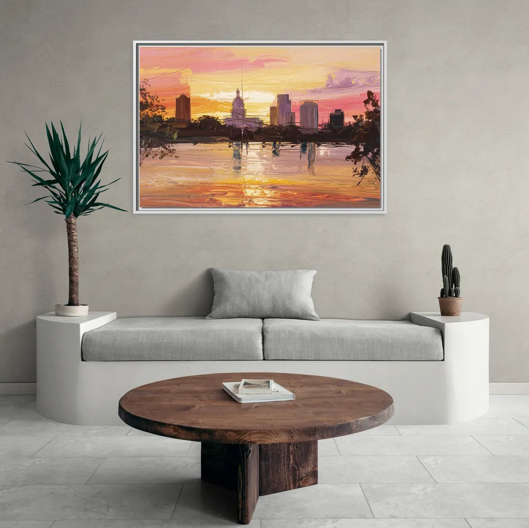 Baton Rouge Skyline Sunset - Living Room White Frame Canvas