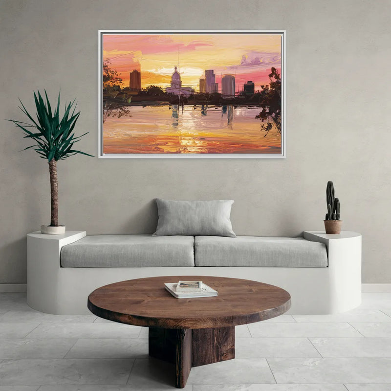 Baton Rouge Skyline Sunset - Living Room White Frame Canvas