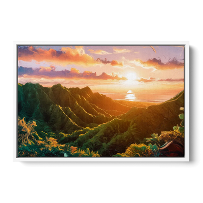 Honolulu Sunset Over Mountains - White Frame Canvas