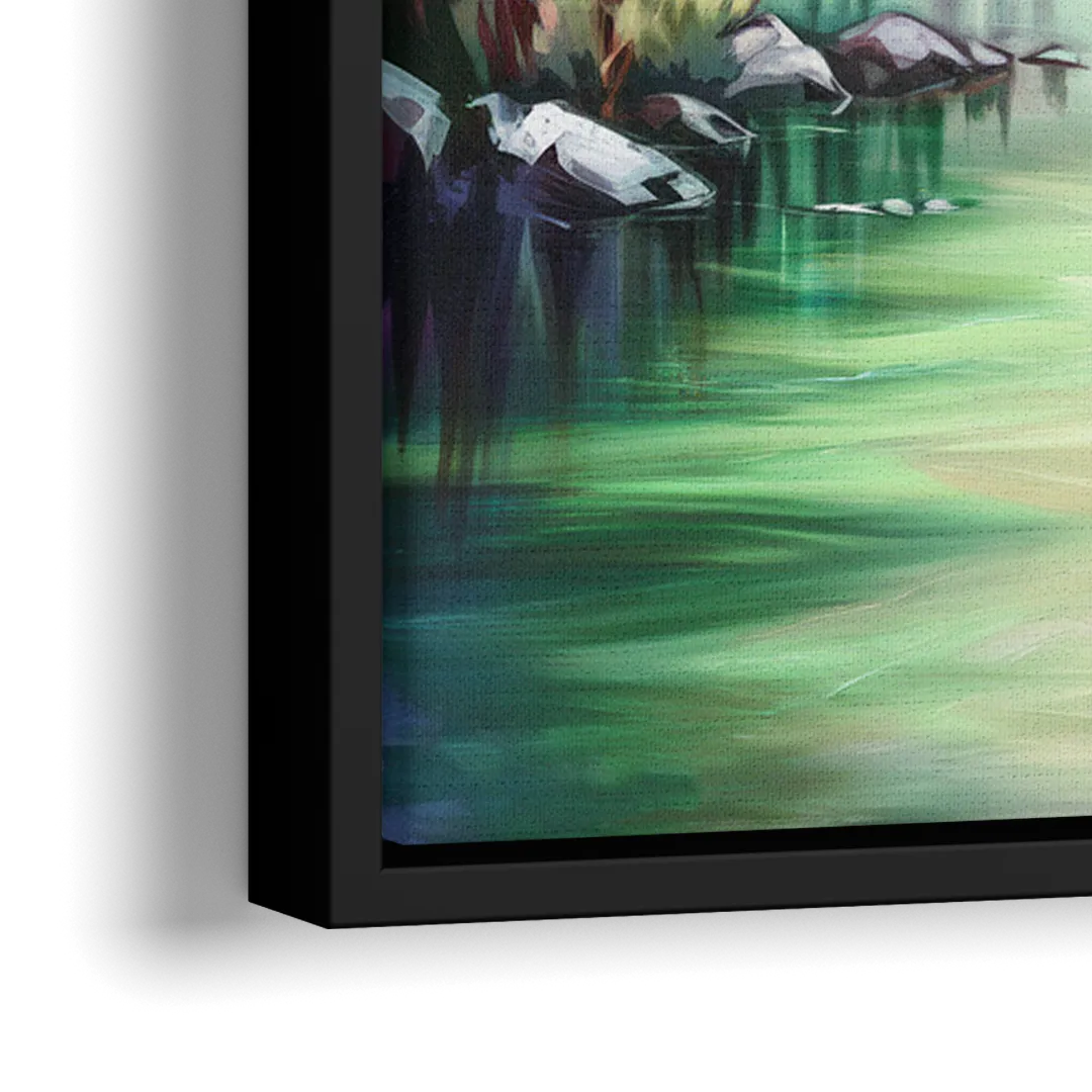 Aurora Borealis Landscape - Close-Up Black Frame Canvas