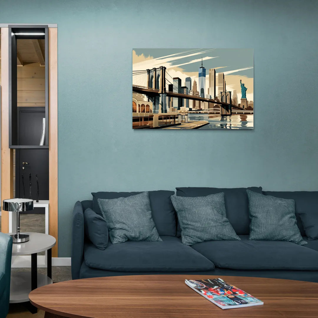 New York Brooklyn Bridge And Statue Of Liberty - Canvas Wall Art Living Room
