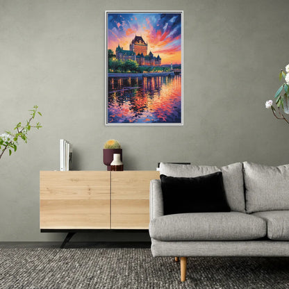 Chteau Frontenac at Sunset - Living Room White Frame Canvas