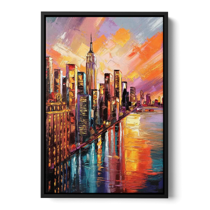 New York City Sunset Over Skyscrapers Hudson - Black Frame Canvas