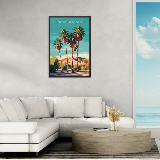 Palm Springs Palm Trees and Sky - Living Room Black Frame Canvas