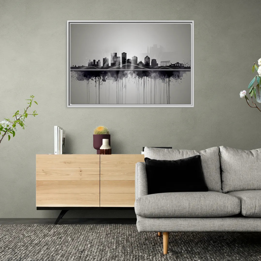 Rochester Cityscape Reflection - Living Room White Frame Canvas