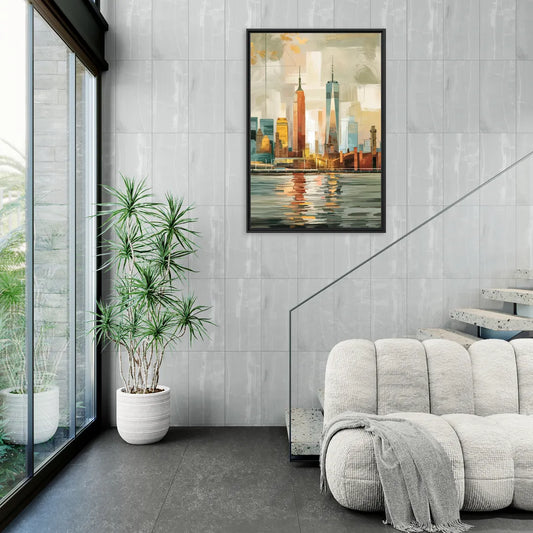 New York City Abstract Skyline Art Hudson - Living Room Black Frame Canvas