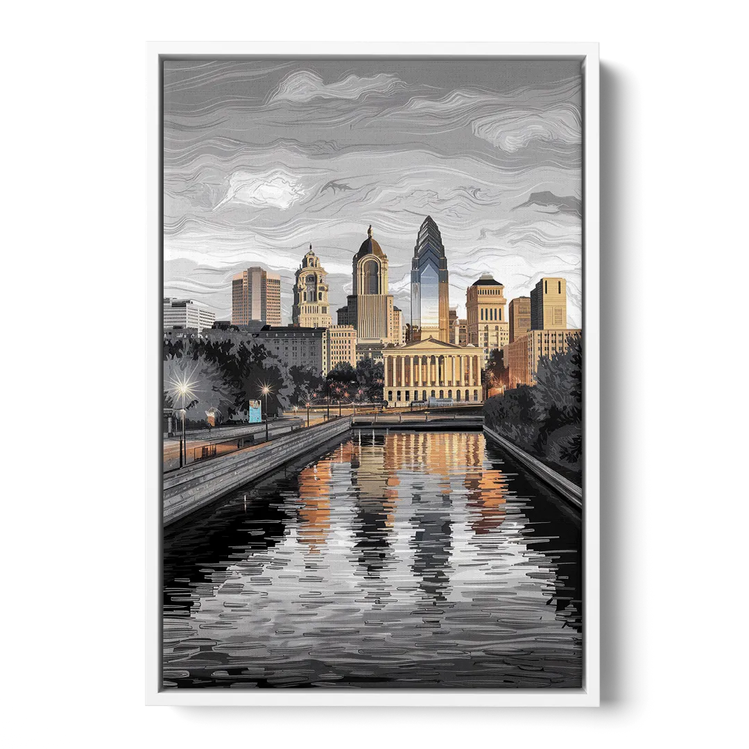 Philadelphia Black and White - White Frame Canvas