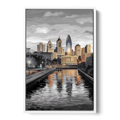 Philadelphia Black and White - White Frame Canvas