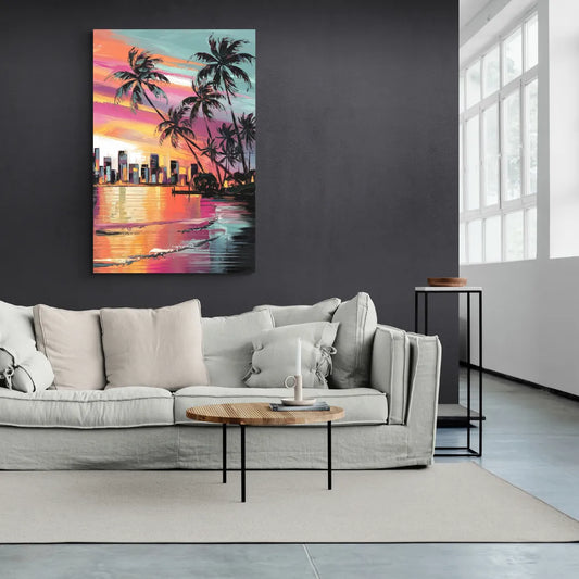 Miami Palm Trees and Sunset - Canvas Wall Art Living Room