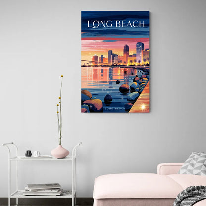 Long Beach Cityscape Evening Lights - Canvas Wall Art Living Room