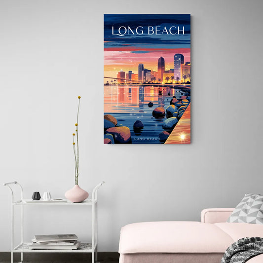 Long Beach Cityscape Evening Lights - Canvas Wall Art Living Room