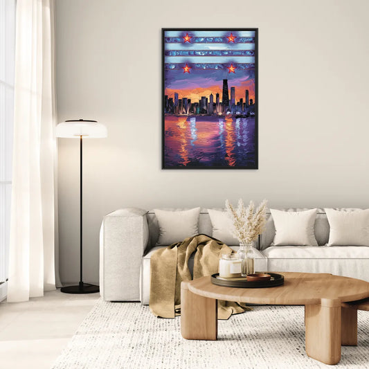 Chicago Flag Inspired Design - Living Room Black Frame Canvas