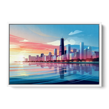 Chicago Skyline At Sunset - White Frame Canvas