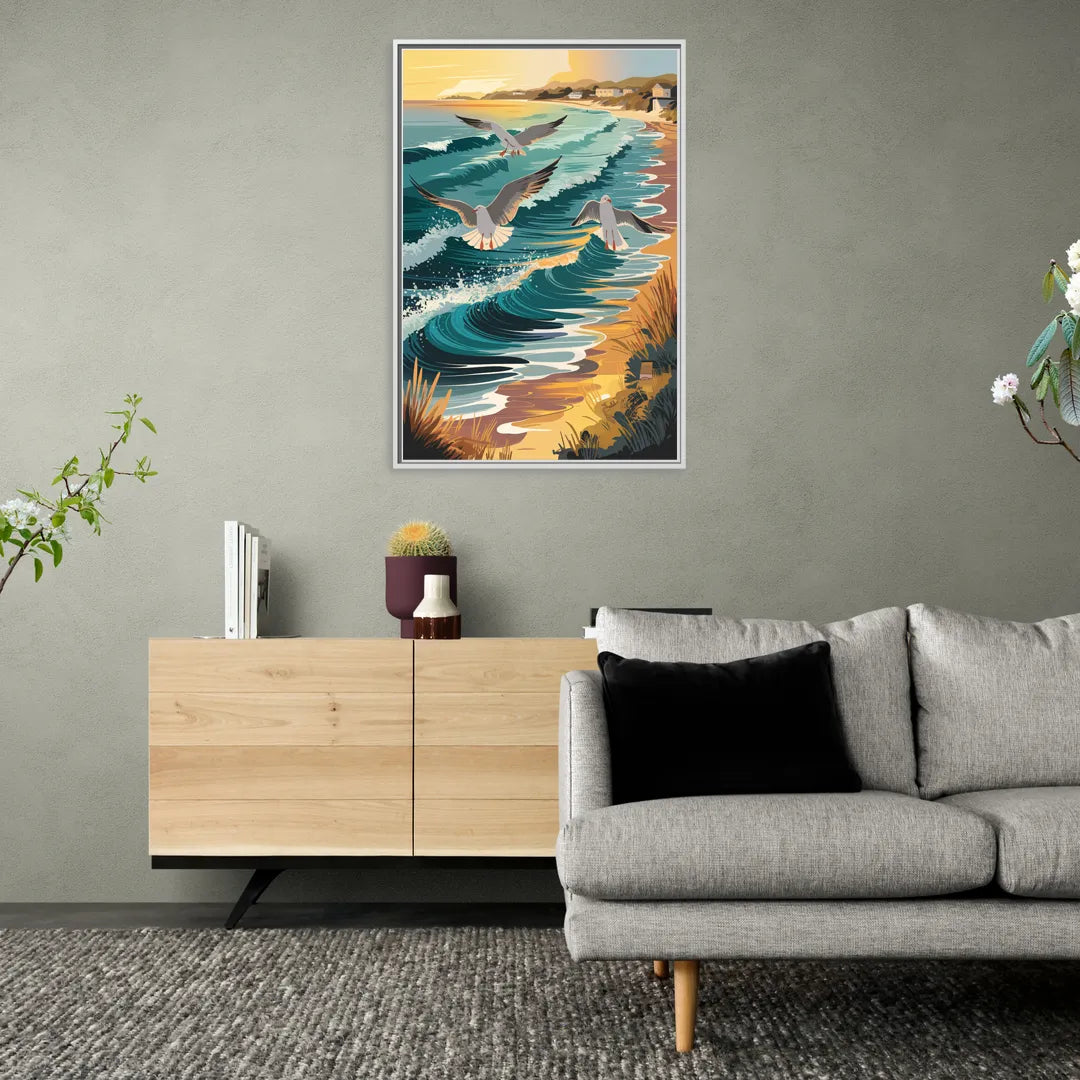 Cape May Seagulls in Flight - Living Room White Frame Canvas