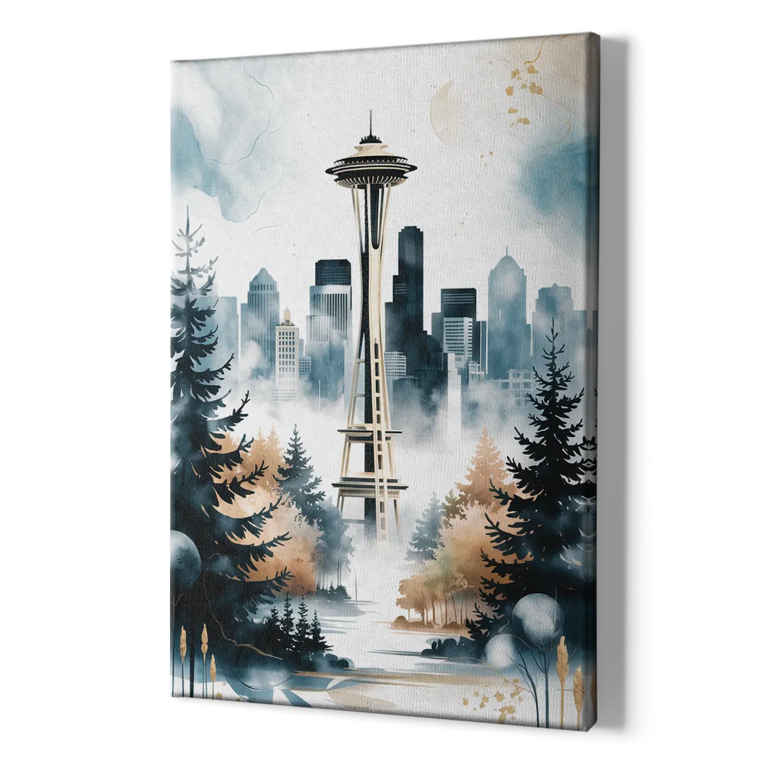 Seattle Space Needle in Fog - Canvas Print Art Sides