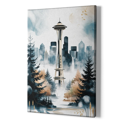 Seattle Space Needle in Fog - Canvas Print Art Sides