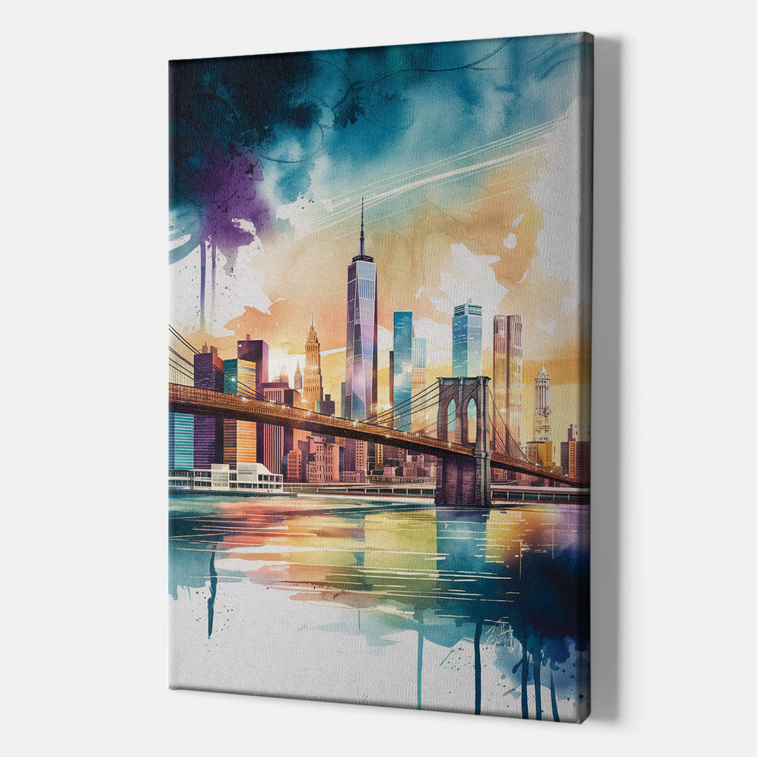 New York City Skyline in Watercolor Hudson - Canvas Wall Art Indoor