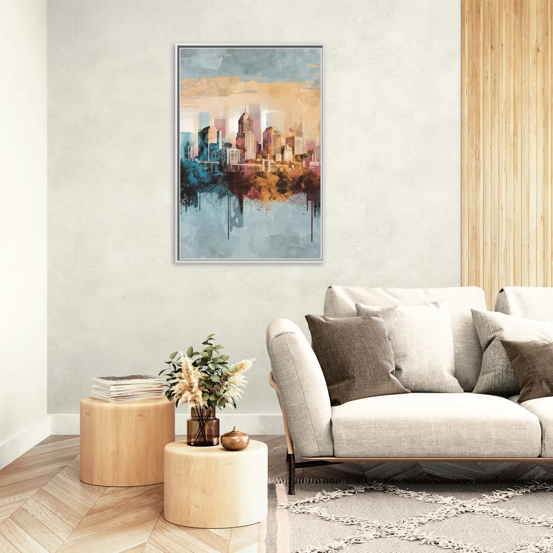 Indianapolis Cityscape in Watercolor - Living Room White Frame Canvas