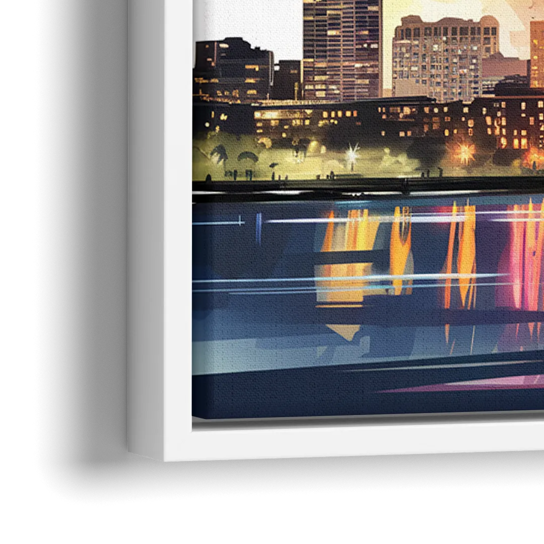 Boston Skyline With Fireworks - Close-Up White Frame Canvas