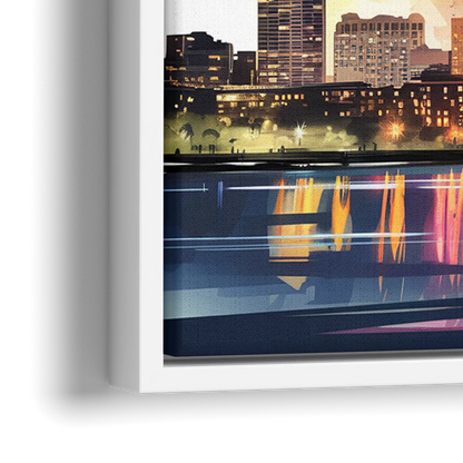 Boston Skyline With Fireworks - Close-Up White Frame Canvas