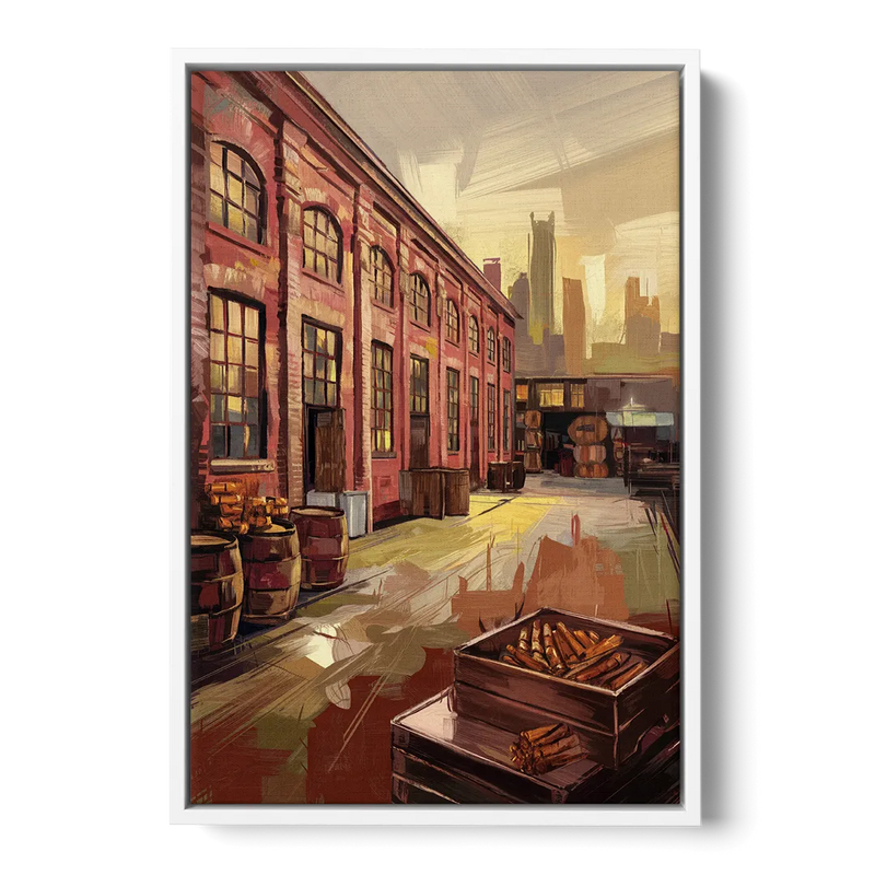 Durham Tobacco Warehouse Charm - White Frame Canvas