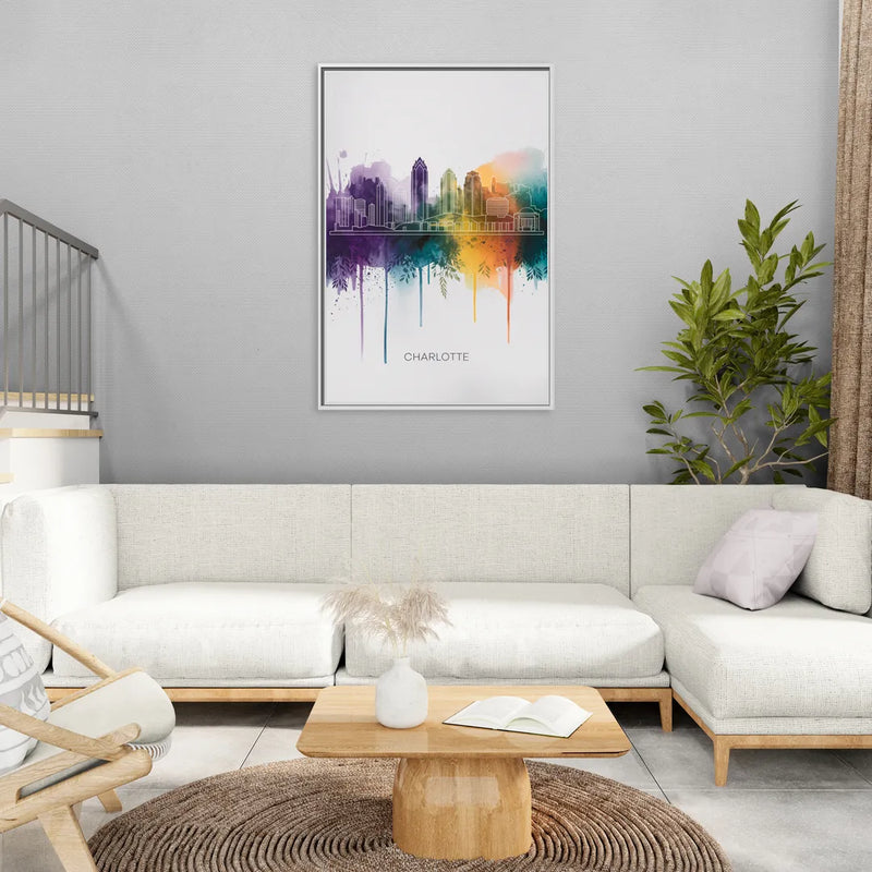 Charlotte Cityscape in Watercolor - Living Room White Frame Canvas