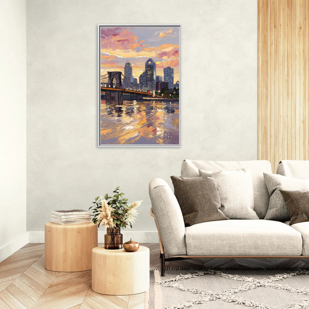 Cincinnati Skyline at Sunset - Living Room White Frame Canvas