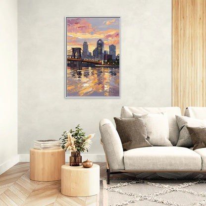 Cincinnati Skyline at Sunset - Living Room White Frame Canvas