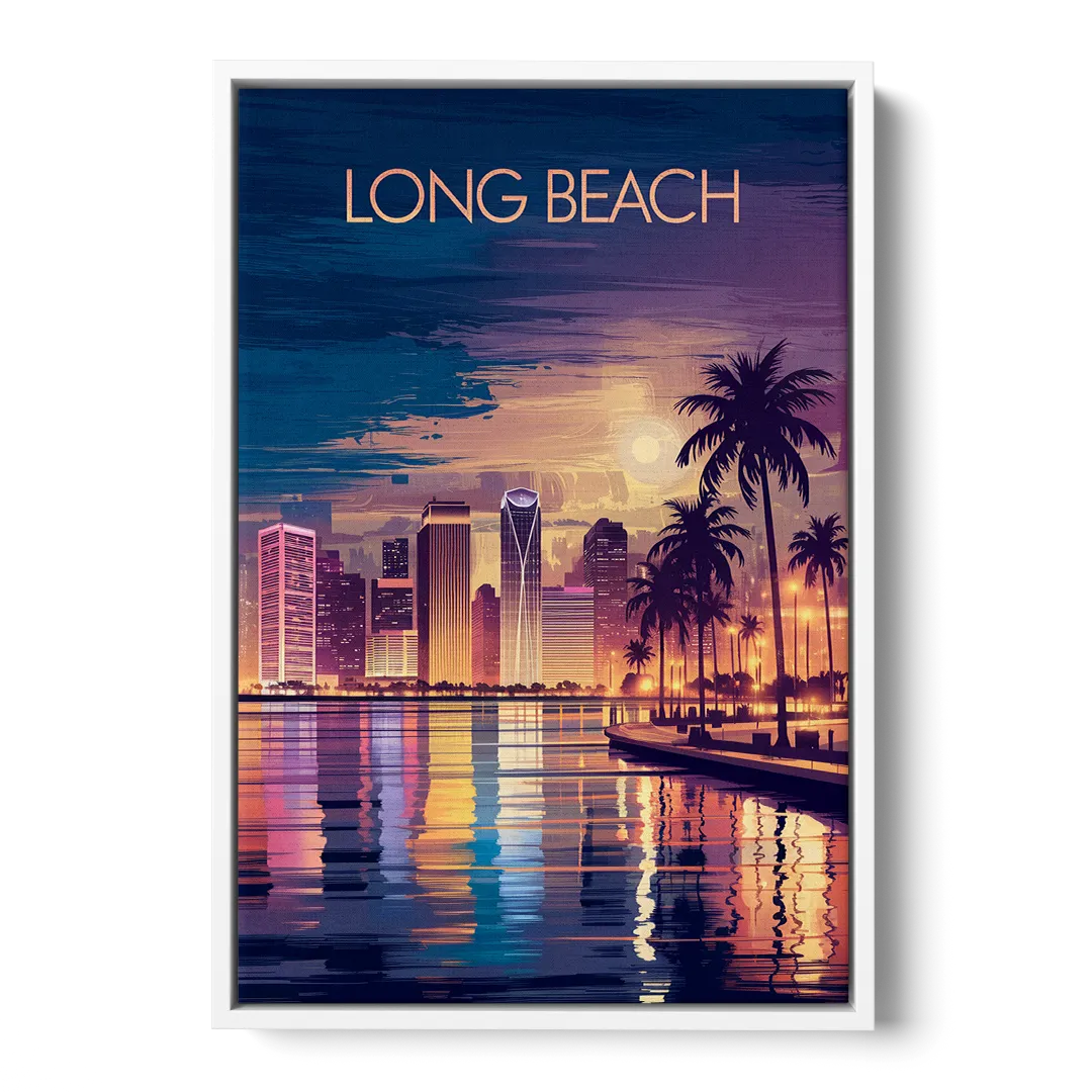 Long Beach Cityscape Evening Lights Nightscape - White Frame Canvas