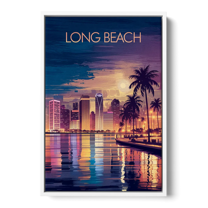 Long Beach Cityscape Evening Lights Nightscape - White Frame Canvas